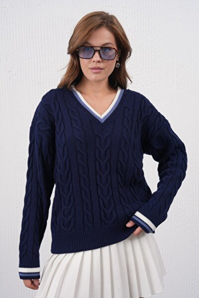 Miss Allos Дамски пуловер с V-образно деколте, с шарени маншети и шарена яка