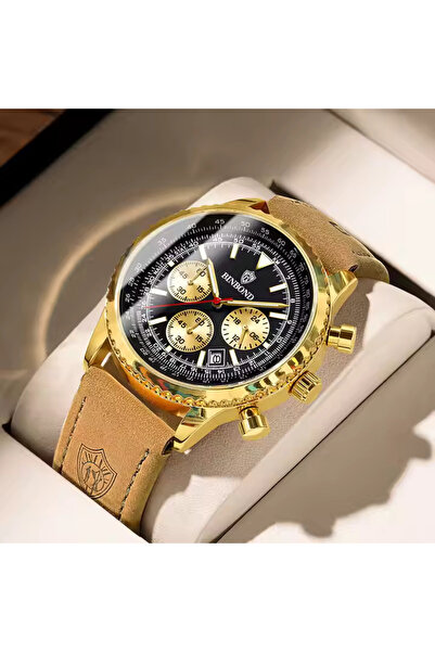 BINBOND Ανδρικό Ρολόι Quartz Fashion Αναλογικό Κομψό Δέρμα Καφέ Χρυσό Μαύρο