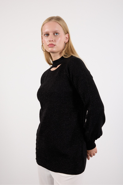 Moda Days Women's Black Raglan Balloon Sleeve Choker Neck Glitter Knit Sweater