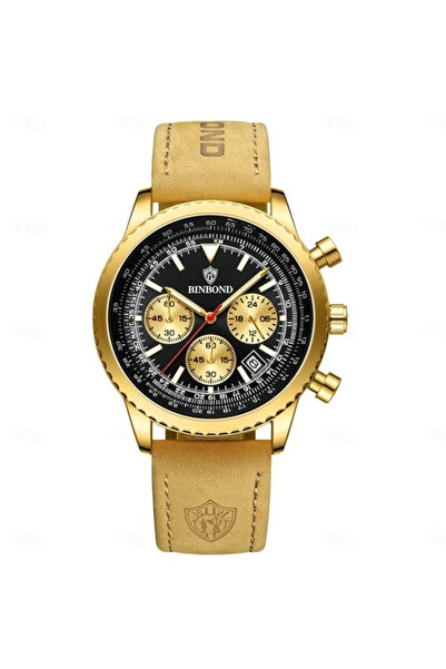 BINBOND Ανδρικό Ρολόι Quartz Fashion Αναλογικό Κομψό Δέρμα Καφέ Χρυσό Μαύρο