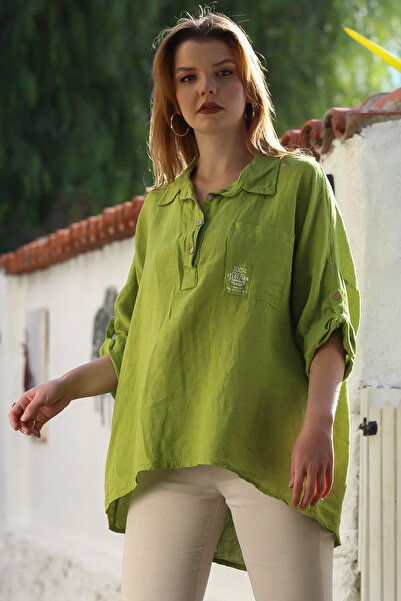 Chiccy Italian Pistachio Green Shirt Collar Buttoned Long Sleeve Pocket Linen Back Long Woven Blouse 75 70