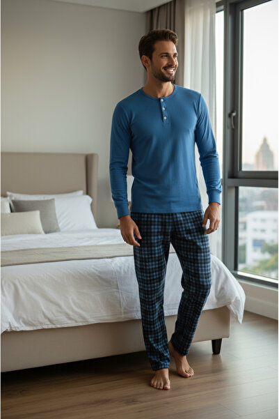Bravie Σετ Πιτζάμες Ανδρικές Θερμικές Πυτζάμες Πολυτελείας 9744 Μπλε