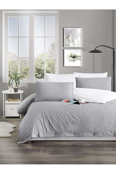 sternen glanz Milan Striped Patterned Wooden Button Accent Piece 100% Cotton Double Duvet Cover Set