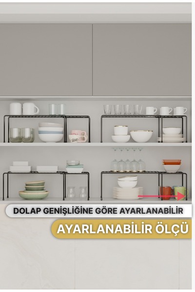 Bino 4 ADET Genişletilebilir Dolap İçi Düzenleyici Raf Organizer Siyah Metal Ayarlanabilir 2 Parçalı