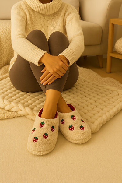 ALB TERLİK AYAKKABI SAN. TİC. LTD. ŞTİ. Women's Strawberry Patterned Plush House Slippers – Soft, Warm, Non-Slip Sole Winter Slippers