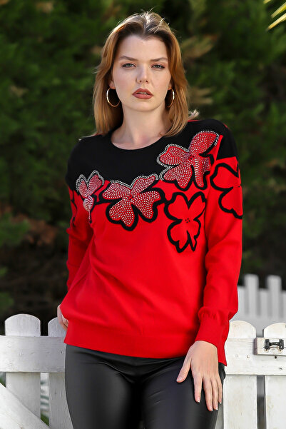 Chiccy Red Round Neck Long Sleeve Floral Trock Casual Knitwear Sweater 65 60