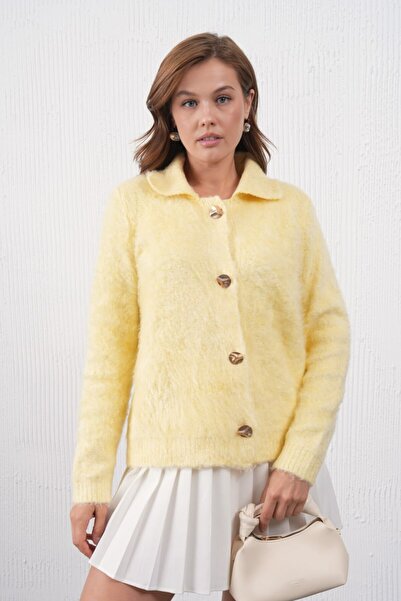 Miss Allos Women's Plush Knit Cardigan with Collar and Button Detail