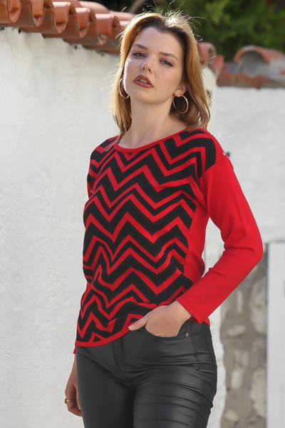 Chiccy Red Boat Neck Long Sleeve Zigzag Patterned Casual Knitwear Sweater 65 60