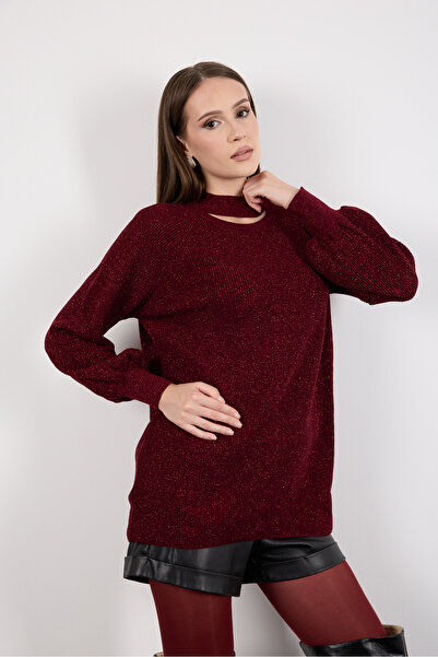 Moda Days Women's Burgundy Raglan Balloon Sleeve Choker Neck Glitter Knitwear Sweater
