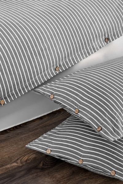 sternen glanz Milan Striped Patterned Wooden Button Accent Piece 100% Cotton Double Duvet Cover Set