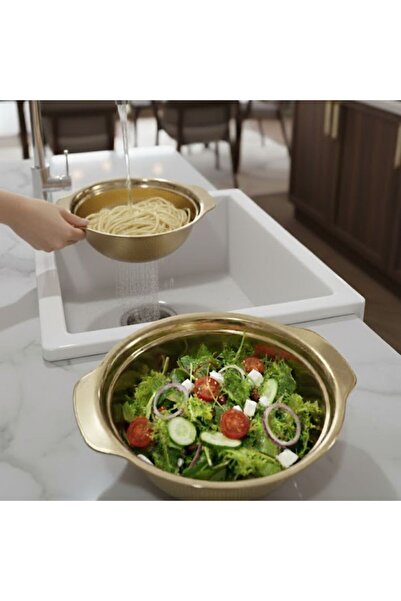 DAMMERUN 27 cm Gold Süzgeç ve Salata Karıştırma Kabı – Şık ve Dayanıklı 2’li Set