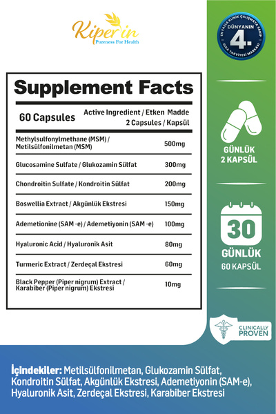 Kiperin Flexura | Eklem | Glukozamin, MSM, Kondroitin, Akgünlük, SAM-e, Hyaluronik Asit | 60 Kapsül