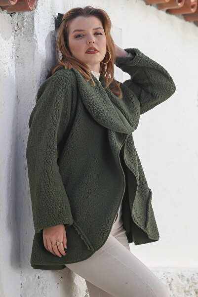 Chiccy Khaki Shawl Collar Long Sleeve Pocket Casual Plush Woven Jacket 80 65