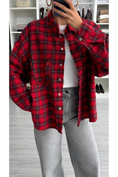 LUUNA STORE LEXA EKOSE LAZER KESİM GÖMLEK - KIRMIZI