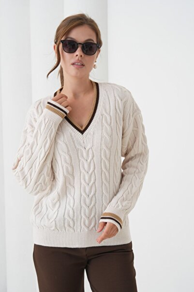 Miss Allos Women's V-Neck Knitted Patterned Sweater with Line Detail on the Collar and Sleeves
