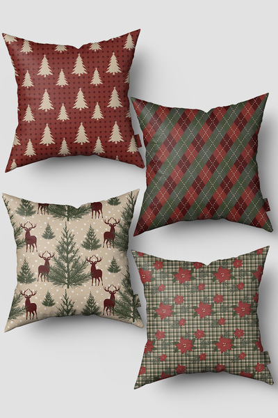 EsnafAli Set de 4 huse de pernă de Crăciun cu copac de pin verde burgundă și ...