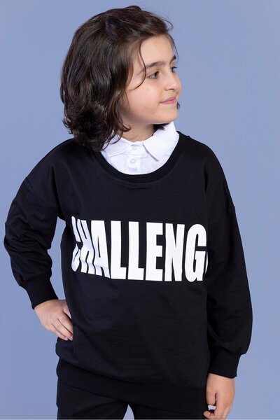 Toontoy Black Boy's Relaxed Fit Round Neck Drop Shoulder Printed Sweatshirt -...