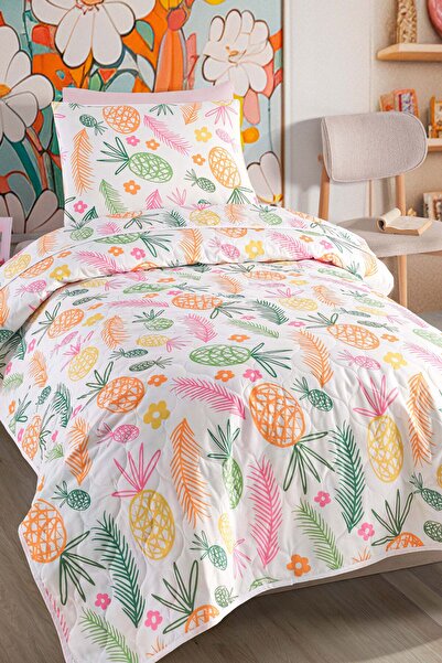 Eponj Home Yatak Örtüsü Seti Tek Kişilik Pamuklu 2 Parça – Tropik Desen – Beyaz / Yumuşak Dokulu