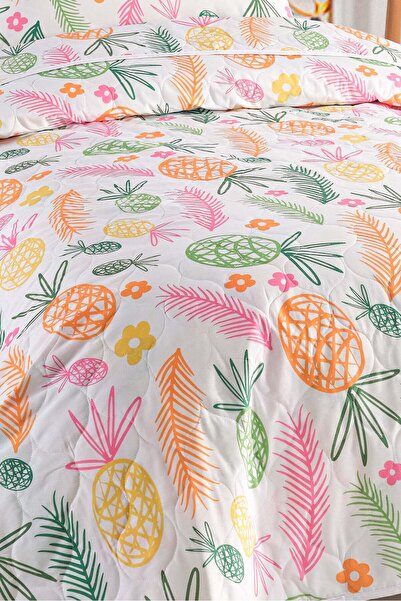 Eponj Home Yatak Örtüsü Seti Tek Kişilik Pamuklu 2 Parça – Tropik Desen – Beyaz / Yumuşak Dokulu