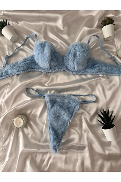 TOKYO LOVE Mavi Peluş Sütyen & Tanga İç Çamaşır Takımı