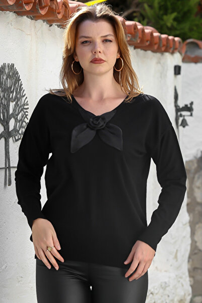Chiccy Black V-Neck Long Sleeve Bow Detailed Casual Knitwear Sweater 65 60