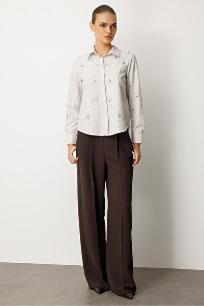 Nefeli Taş İşlemel Çizgili i Gömlek BEJ