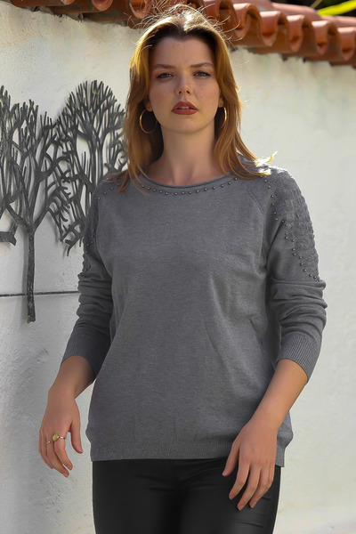 Chiccy Gray Pool Collar Long Sleeve Trock Casual Openwork Knit Sweater 65 60