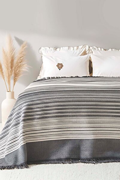 Rivaİstanbul Велюрова антрацитова двоспальна ковдра з бахромою