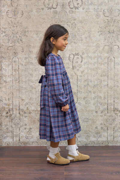 KÜÇÜĞÜM BUTİK Girl's Navy Blue Plaid Long Sleeve Dress