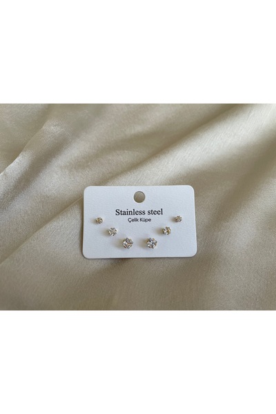 staınless steel Zirkon Taş Çelik Gold Küpe 6’lı 3 çift