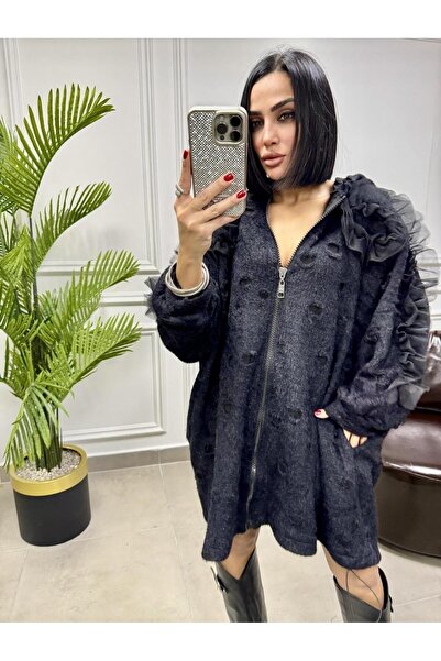 H4 Siyah Fırfır Tül Detaylı Kapüşonlu Fermuarlı Kadın Hırka