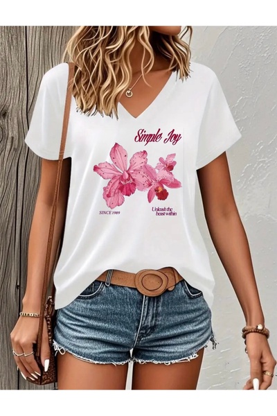 FUFLUNS Simple Day Flower Printed V-Neck Women's Oversize T-Shirt