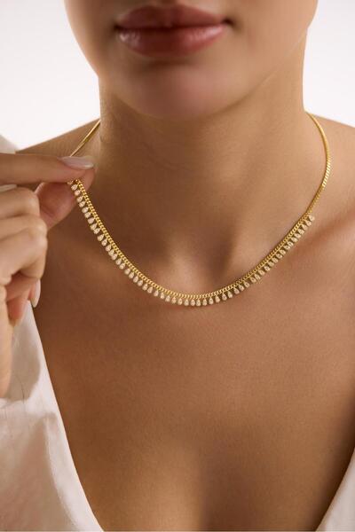 Nereze 925 Ayar Gümüş Gold Kaplama Gurmet Zincirli Minimal Damla Kolye