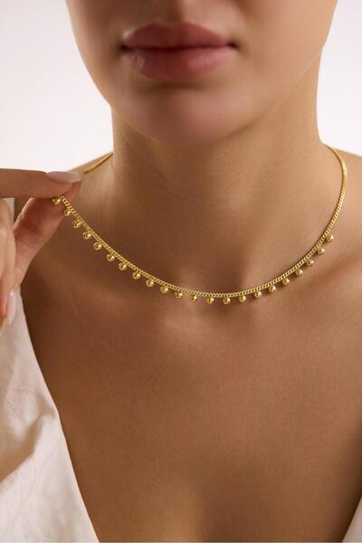 Nereze 925 Ayar Gümüş Gold Kaplama Gurmet Zincirli 4 mm Minik Toplu Kolye