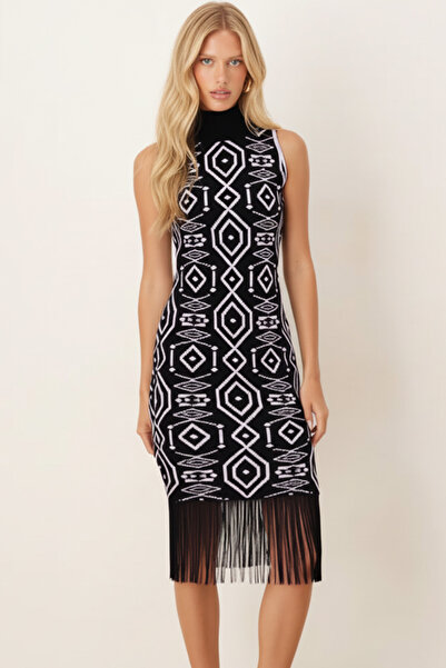 armonika Women's Black Turtleneck Skirt with Tassel Trim Knitwear Dress Arm-26K136009