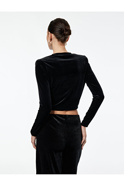 Koton Long Sleeve Crew Neck Slim Fit Velvet Crop T-Shirt