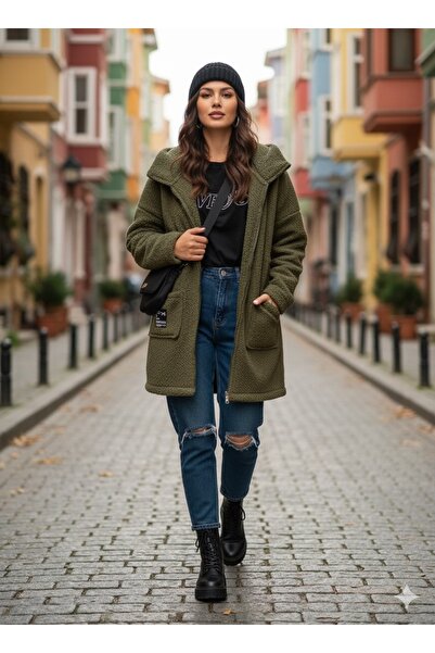 Store Kadın İtalyan Fermuarlı Uzun Keçe Kaban