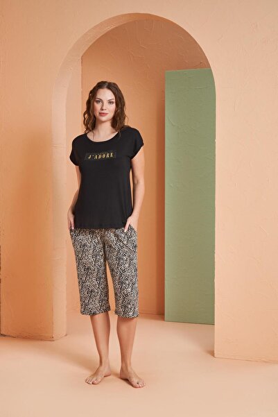 PJS Жіночий піжамний комплект з леопардовим принтом, круглим коміром, короткими рукавами та зручними капрі