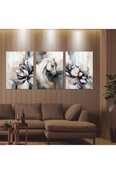 GAAGART 3'lü Kanvas Tablo Seti Gold Beyaz Çiçekler ve At Portresi