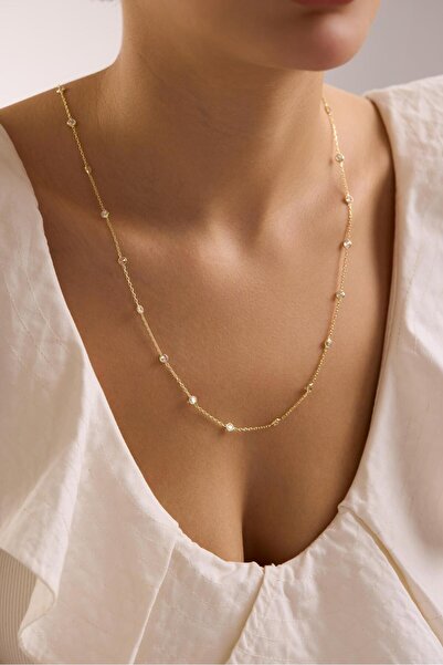 Nereze 925 Ayar Gümüş Gold Kaplama 85 Cm Uzunluk Eşit Aralıklı Beyaz 4 mm Zir...