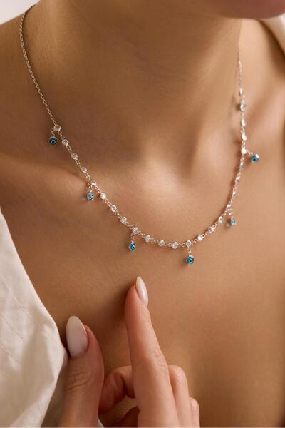 Nereze 925 Ayar Gümüş Rodyum Kaplama Turkuaz Nazar Boncuklu Zirkon Taşlı Kolye