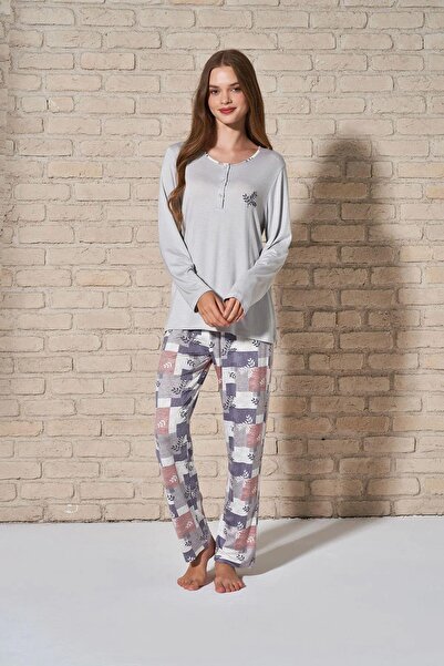 gd goldoremi 1764 Women's Buttoned Collar Comfortable Leaf Pattern Long Sleeve Pajama Set