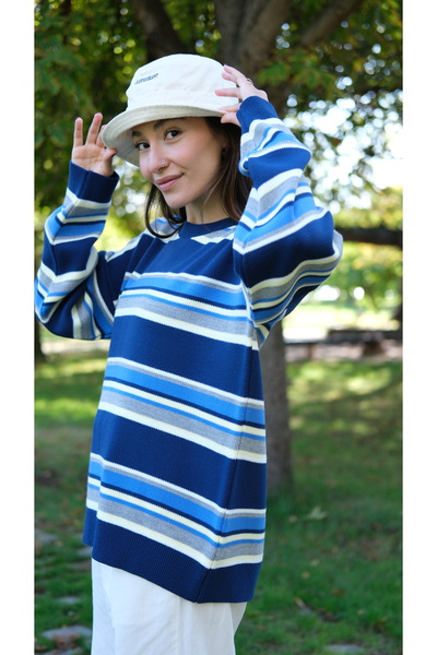 Butik Una Fiaba-Navy Blue Oversized Crew Neck Striped Women's Sweater