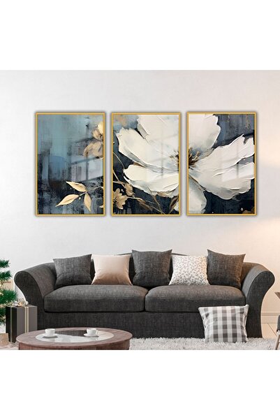 GAAGART 3'lü Metal Çerçeveli Cam Tablo Seti Beyaz Manolya Gold Yaprak