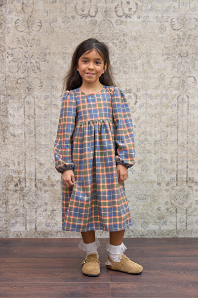 KÜÇÜĞÜM BUTİK Girls' Orange Plaid Long Sleeve Dress