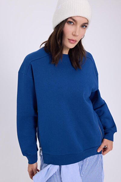 Tudors Femei supradimensionat Wide croială Bumbac 3 fire guler rotund Blue Sw...