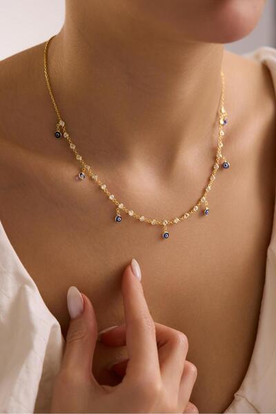 Nereze 925 Ayar Gümüş Gold Kaplama Mavi Nazar Boncuklu Zirkon Taşlı Kolye