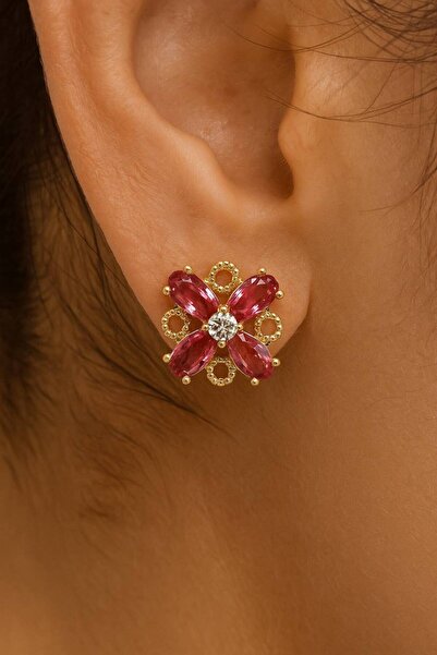 Jewerly أقراط نسائية من الفولاذ على شكل زهرة القرمزي