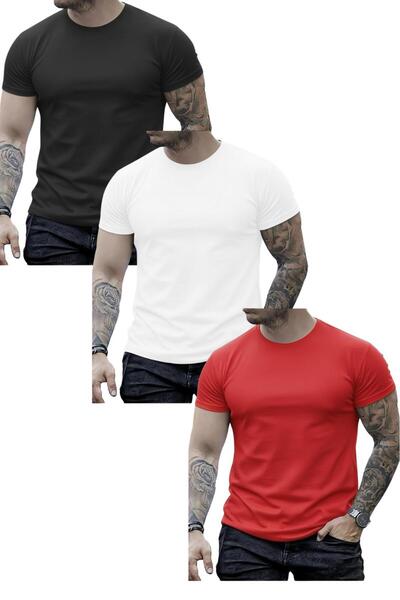 NO 601 Men's Red-White-Black 3-Piece Plain Slim Fit T-Shirt