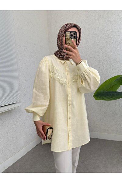 MACMODA Güpür Püsküllü Ham Keten Balon Kol Gömlek